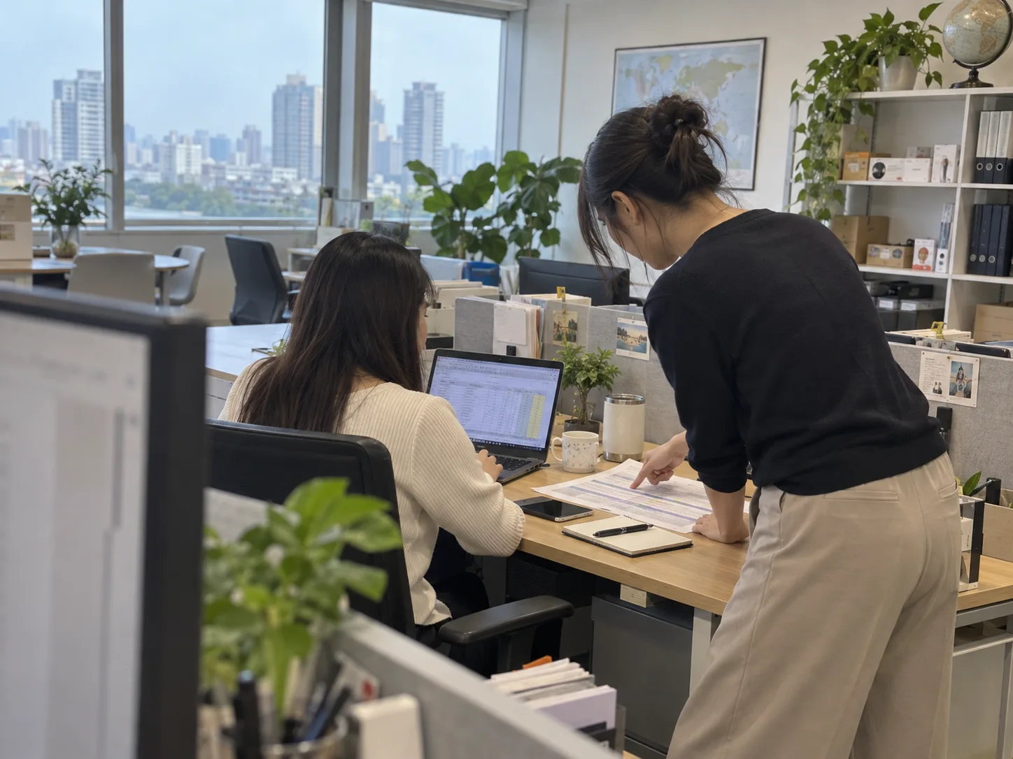 Miss Melody operations office: staff reviewing import schedules and overseas brand data in daylight