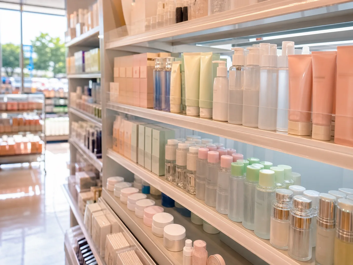 Well-stocked cosmetics and skincare retail shelves