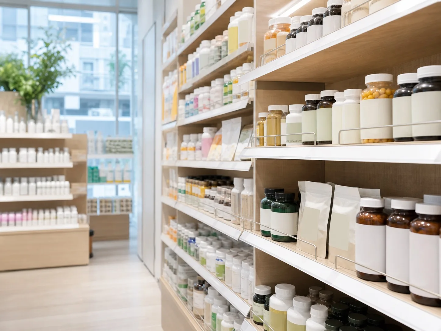 Pharmacy shelves of supplement bottles and vitamins