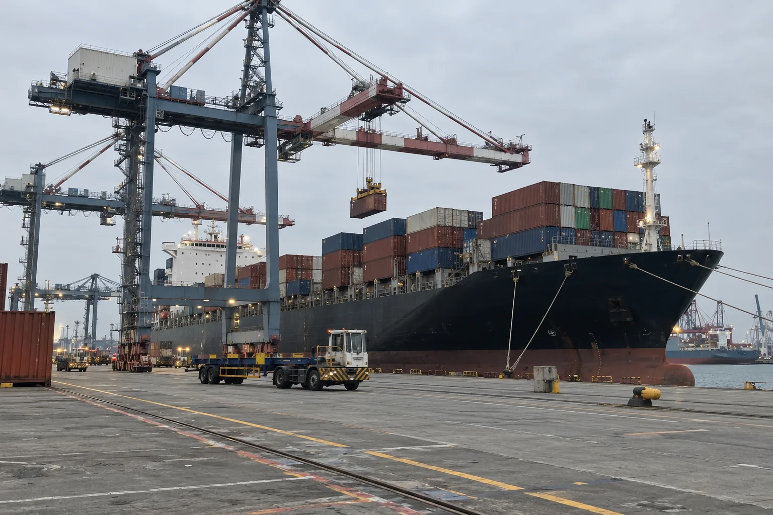 A container terminal on an overcast day, gantry cranes working a moored ship.