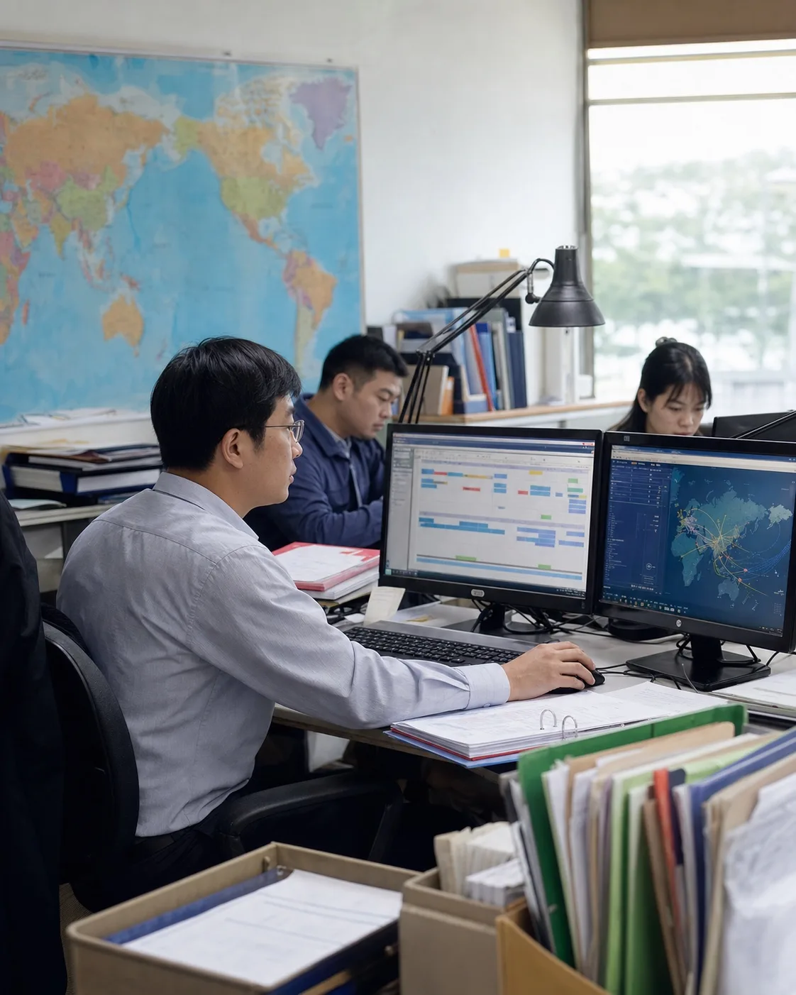 Miss Melody operations office: staff reviewing import schedules and overseas brand data in daylight