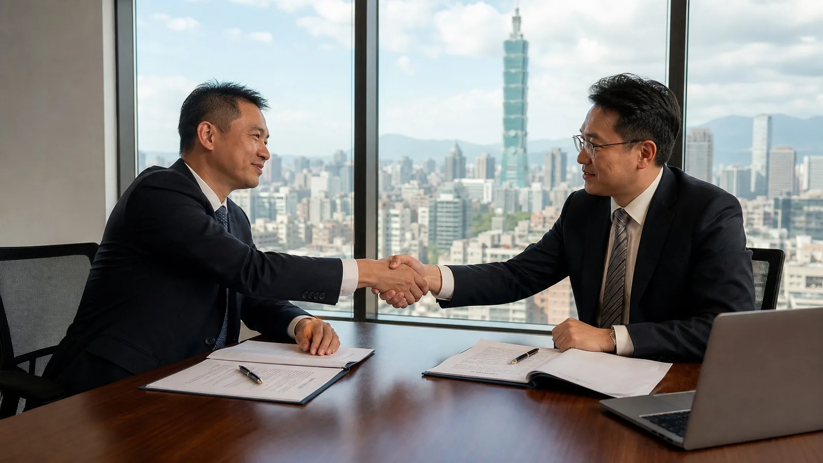 Wide editorial image: two professionals shaking hands across a conference table after closing a distribution agreement, daylight