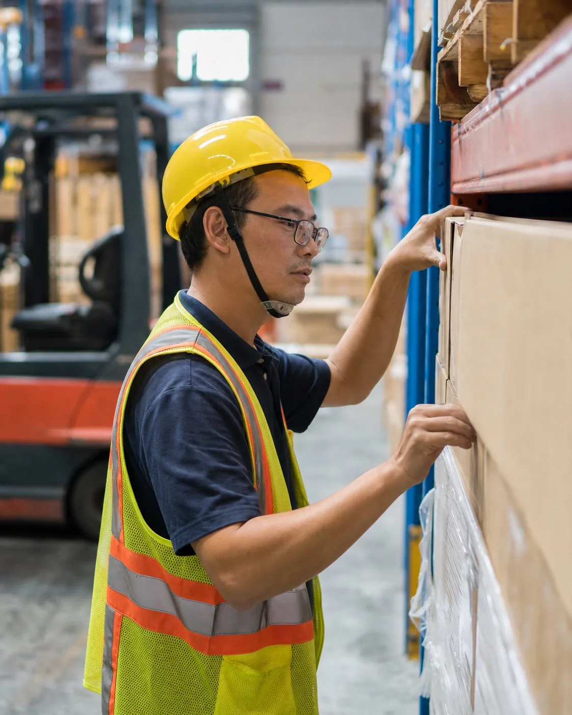 Organised logistics warehouse: pallet racking stacked with cartons and a worker in a hi-vis vest checking stock